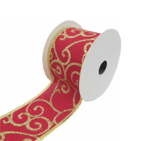 Red Fabric Wired Ribbon with Gold Swirls Christmas Ribbon